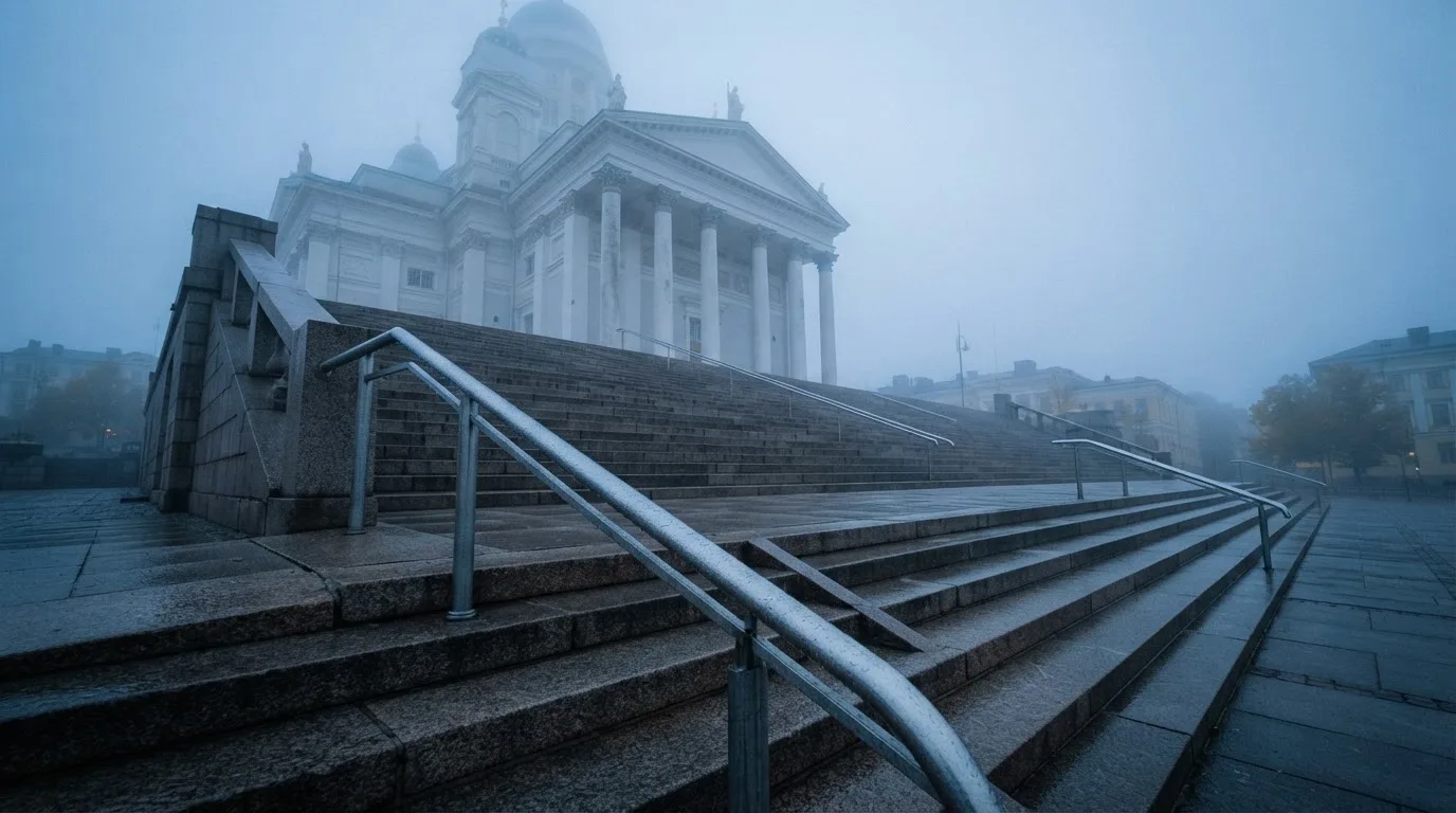 Harmaa graniittiporras johtaa pylväikköön sumuisena aamuna, kaide kiiltää kosteudesta — heti voitot casino