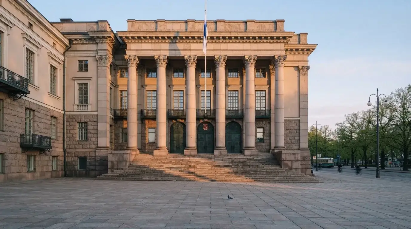 Kivinen valtionhallinnon julkisivu Helsingissä aamunkoitteessa, korkeat pylväät ja tyhjä aukio edessä — kaikki suomalaiset nettikasinot
