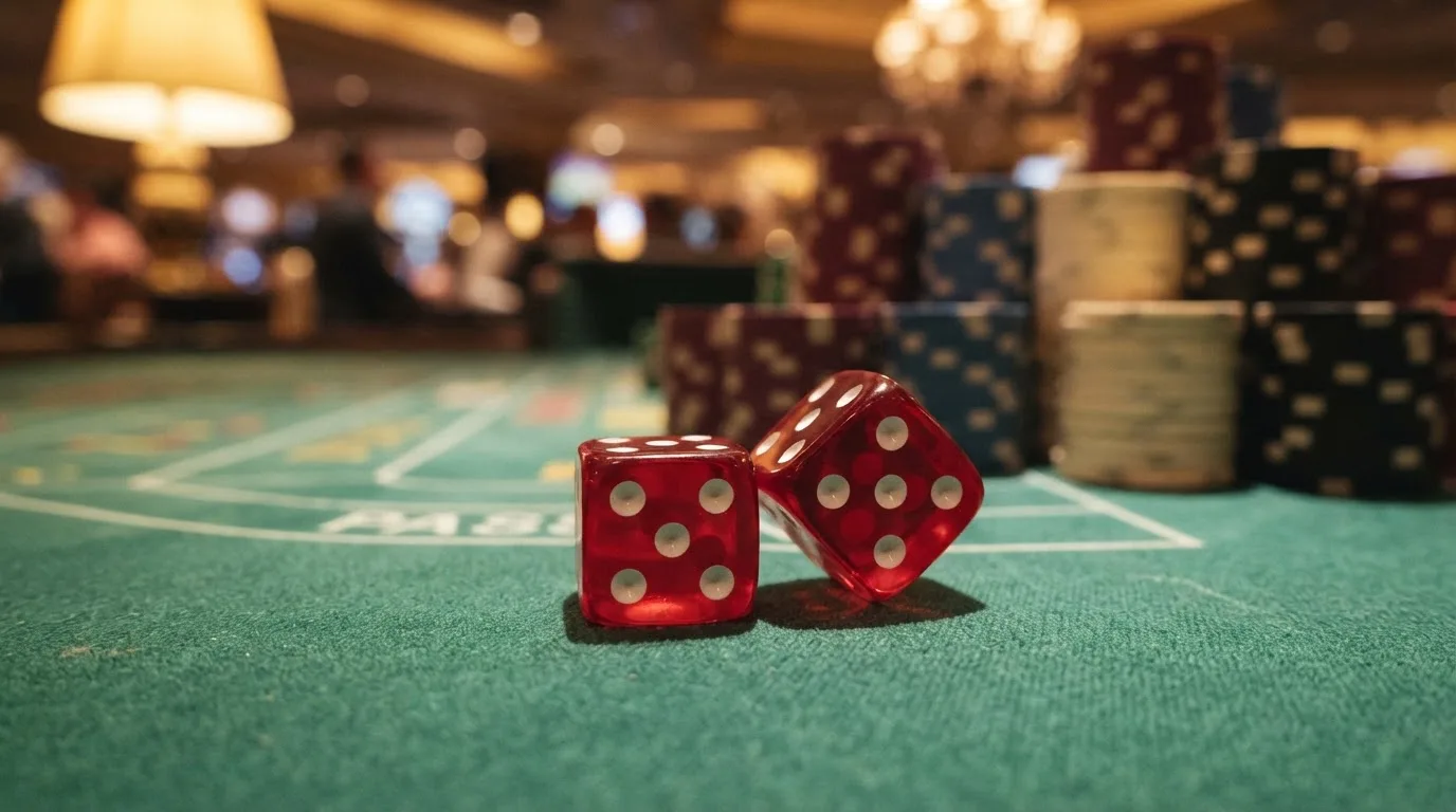 Punaiset nopat lepäävät vihreällä huovalla, taustalla sumeita pelimerkkitorneja iltahämärässä — kolikkopelit casino pelit