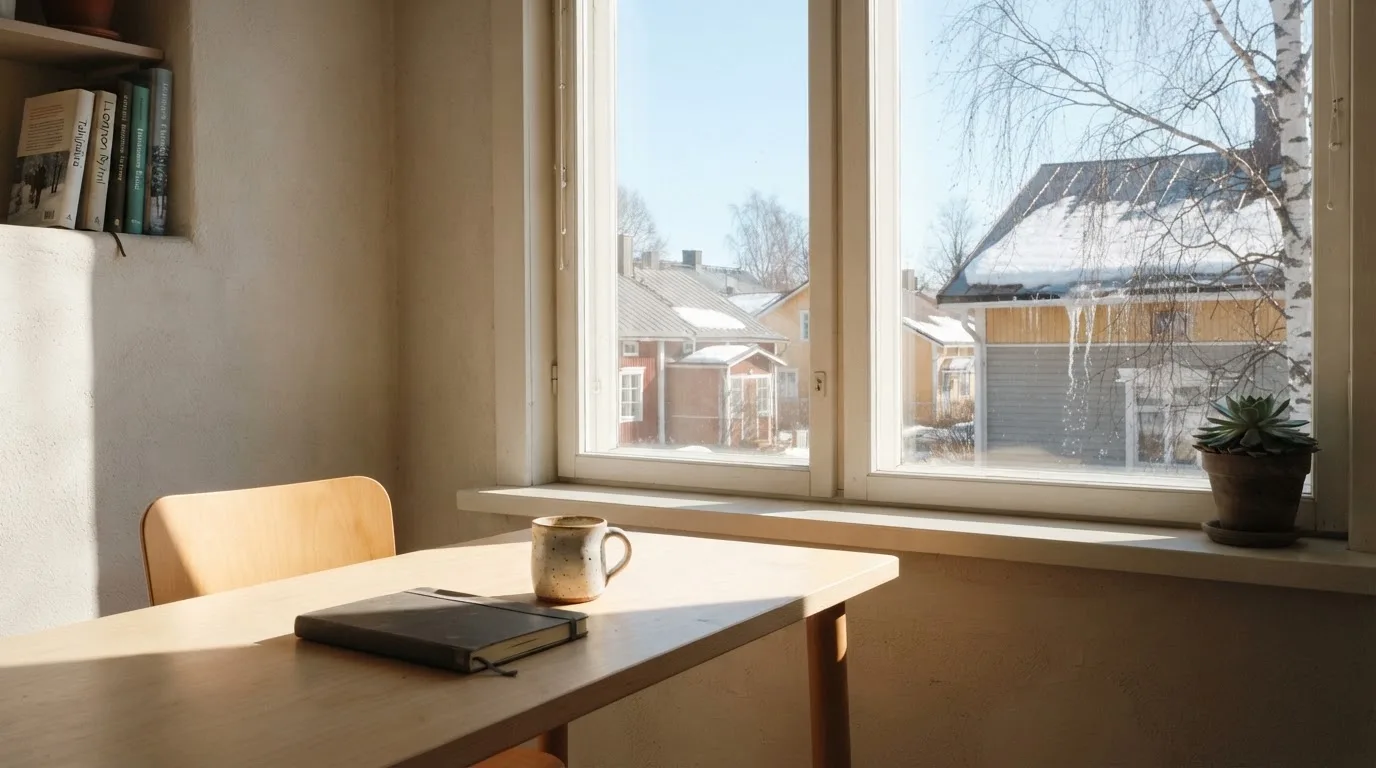 Toimistohuoneen ikkunasta näkyy maaliskuun aamu, lumi sulaa katolla auringonpaisteessa hiljaisella aamulla.