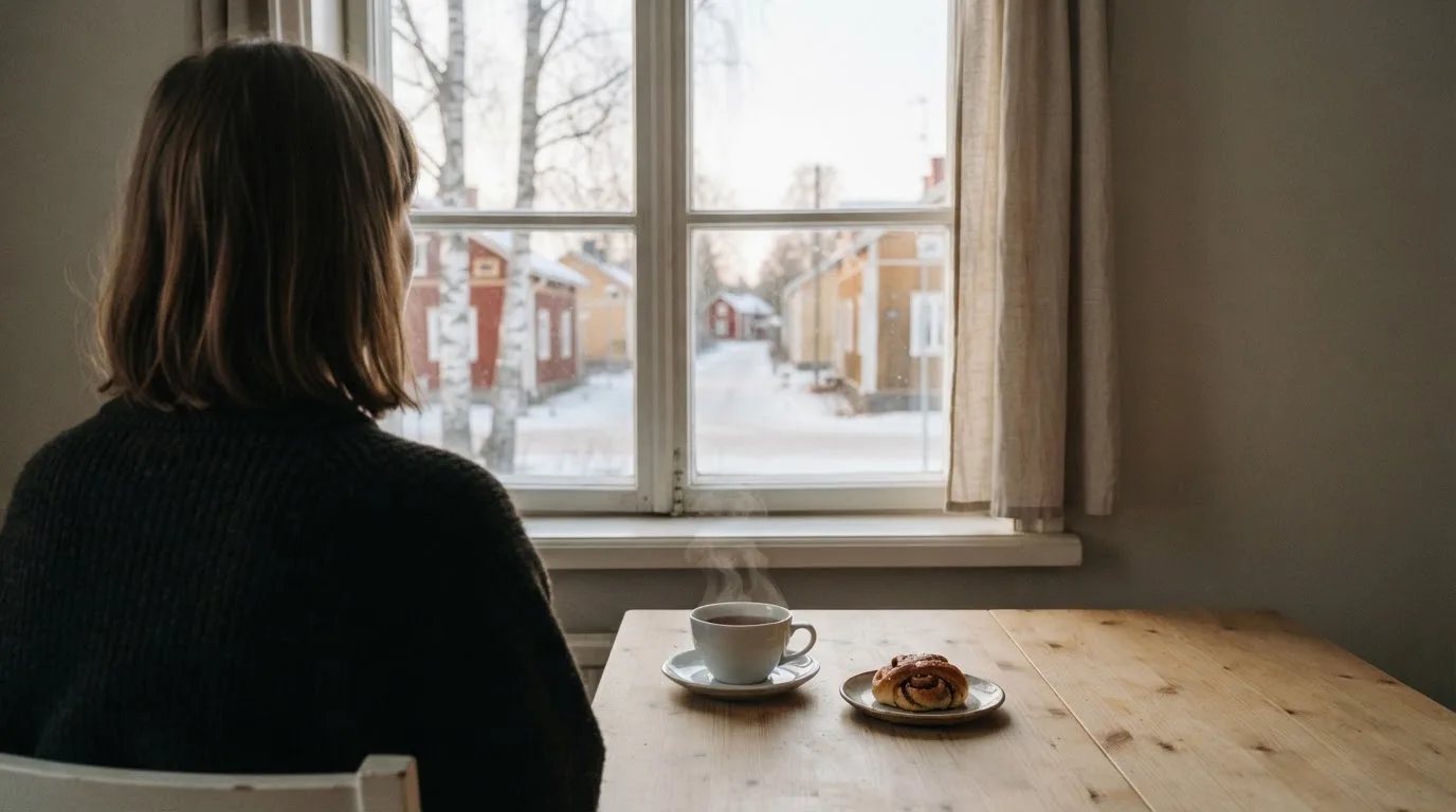 Henkilö istuu keittiön pöydän ääressä teekupin kanssa katsellen ulos ikkunasta aamulla.
